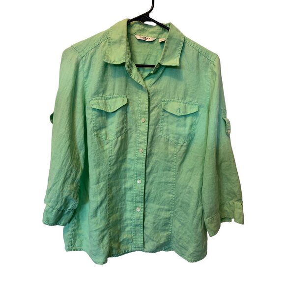 🌸3/$15🌸Bright Green 3/4 Sleeve Button Up Blouse with Pockets sz M - Picture 1 of 6